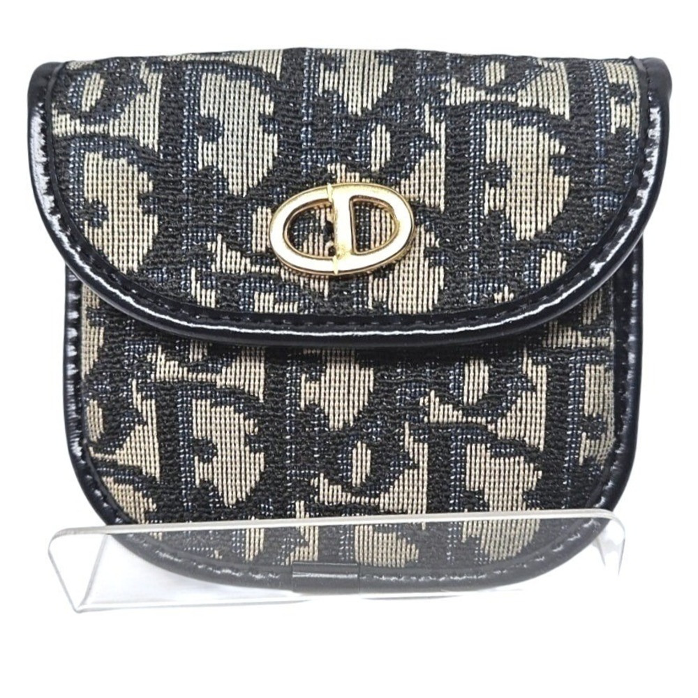 Auth Vintage Christian Dior Oblique Trotter Monogram Coin Purse Navy Blue/Beige